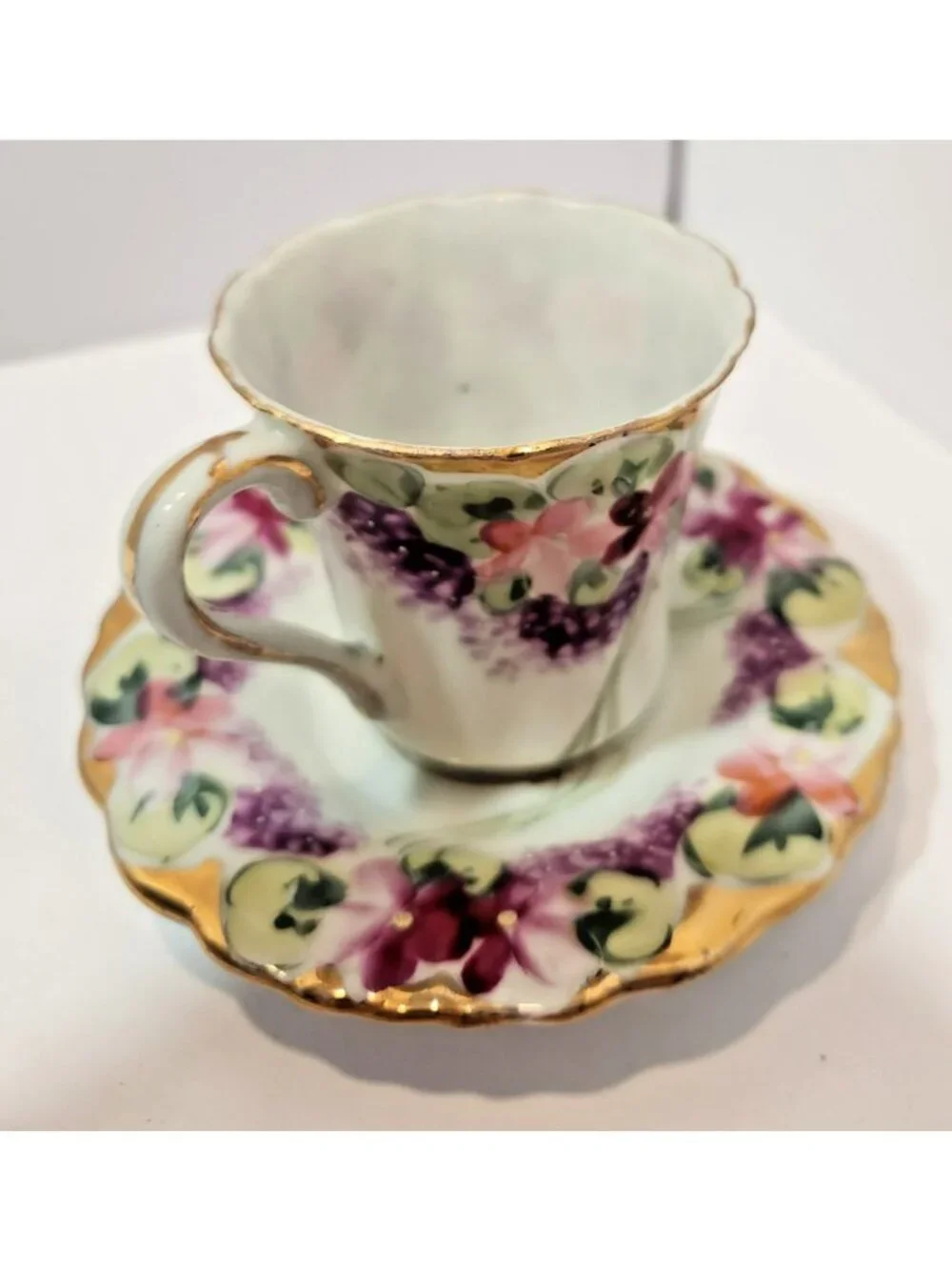 Antique Hand Painted Chocolate Cups w/Saucers Pink/Purple Violets Moriage Set 3